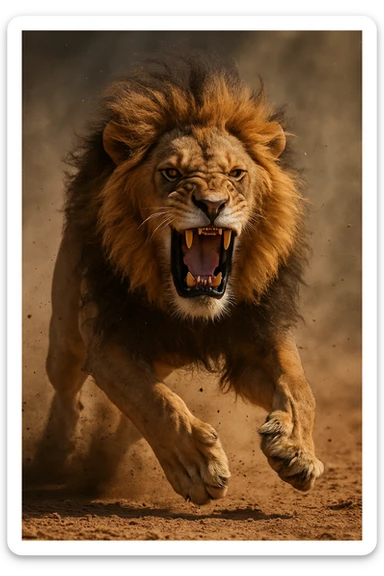 a big, fierce male lion, roaring, realistic, action pose, dust flying sticker