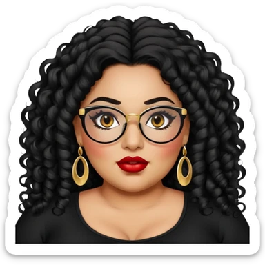 big plus size, latina, darker tan skin, long black curly hair, baddie,pretty, makeup, red lipgloss, black eyeliner, long hair, small gold earrings, black top, black glasses sticker