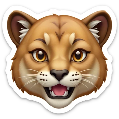 Cinematic Comical Cougar Portrait Emoji, Head tilted dramatically with an exaggeratedly amused expression, featuring a striking tawny Fur with bold dark accents and wide, expressive amber eyes filled with playful disbelief, Simplified yet hilariously expressive features, highly detailed, glowing with a slightly sassy glow, high shine, dramatic yet playful, stylized with an air of cheeky wilderness mischief, bright and endearing, soft glowing outline, capturing the essence of a spirited and over-the-top cougar, so meme-worthy it feels like it could pounce its way into internet fame instantly! sticker