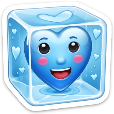 Ice cube with a flat mouthblue heart made of ice, inside an ice cube sticker