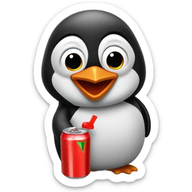 Red Penguin standing looking up excited while holding a Red mountain dew drink in his hand sticker