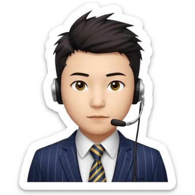30 years old full kind of chubby face, very asian, short dark hair styled upward with a spiked swoop in front, a clean-shaven face, focused eyes, and a slim headset over one ear, wearing a dark pinstripe suit with a patterned dress shirt and a bright solid-colored tie visible from the chest up. sticker