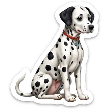 cinematic-[dalmatian dog]-realistic-full-body-sitting-emoji,-tail-resting-loosely-beside-its-paws,-head-tilted-dramatically,-sleek-[spotted]-fur,-simplified-yet-realistic-focused-features,-highly-detailed,-glowing-with-an-almost-sarcastic-glow sticker
