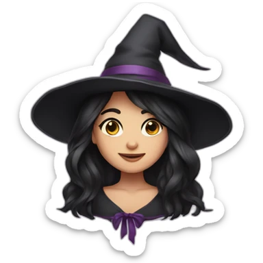 cute witch with long dark brow hair and hat sticker