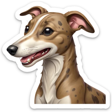 Cinematic Cute Yawning Brindle Greyhound Portrait Emoji, Head tilted slightly with a dramatic, wide-open yawn, showcasing a smooth brindle Fur with a refined pattern, floppy ears slightly drooping, round eyes barely open in drowsy contentment, Simplified yet irresistibly adorable features, highly detailed, glowing with a soft, cozy glow, high shine, relaxed yet expressive, stylized with a touch of whimsy, bright and endearing, soft glowing outline, capturing the essence of a sleepy yet affectionate racer, so drowsy it feels like it could stretch out of the screen and curl up for a nap! sticker