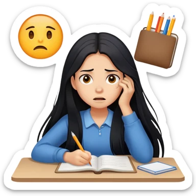 Pretty tanned girl with long black hair, stressed out about homework sticker