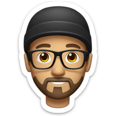 Male with headphones, clear glasses, black cap and brown beard sticker