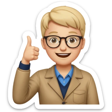 un estudiante que este parado con sus lentes guiñando el ojo y CON LAS MANOS HACIA ARRIBA DANDO LIKE sticker