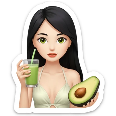 Long black hair with no bangs, very straight hair, pretty face. Wearing white plain halter top. Blushed cheeks, long lashes, nude glossy lips. One eyes with wink. One hand with avocado juice. sticker
