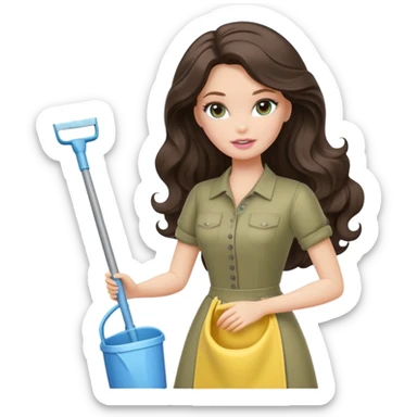 A white Barbie girl with long dark brown wave hair in a pale olive clothes doing cleaning sticker