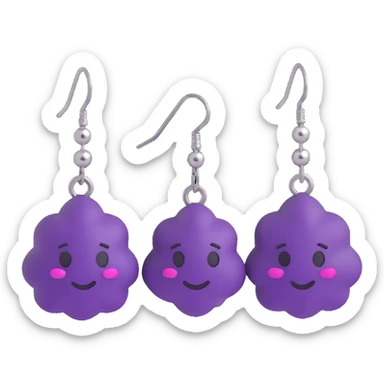 3D emoji-style purple and silver cluster earrings, vibrant and playful sticker
