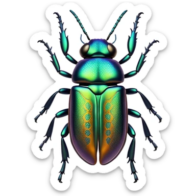 Cinematic Noble Beetle Portrait Emoji, Poised and robust, with a shiny, metallic exoskeleton in deep, iridescent hues and intricately detailed patterns, sharp, focused eyes and a sturdy, commanding form, Simplified yet sharply defined features, highly detailed, glowing with a cool, reflective luminescence, high shine, intelligent and resilient, stylized with an air of natural armor, focused and alert, soft glowing outline, capturing the essence of a watchful beetle that appears ready to crawl out of the screen with effortless strength! sticker