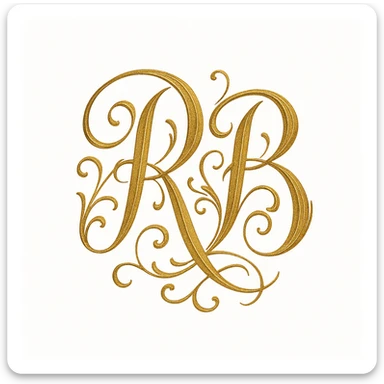 calligraphy initials RB, gold ink, ornate style, profile icon, white background sticker