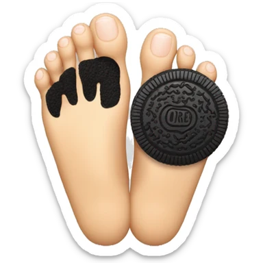 One bare foot with toes holding an oreo cookie between the big toe and the index toe sticker