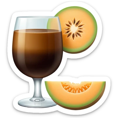 dark coffee carajillo drink in a glass with a slice of cantaloupe melon on the side sticker