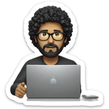 angry men with black curly hair and beard with golden glasses working on computer sticker