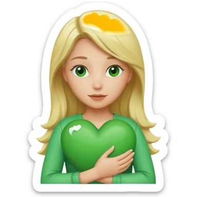 A hug emoji of a blonde women that hugs a green hearth sticker