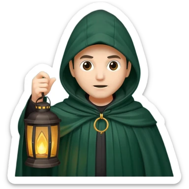 traitor tv show, person wearing dark green cloak with hood up who looks evil and is holding up a lantern sticker