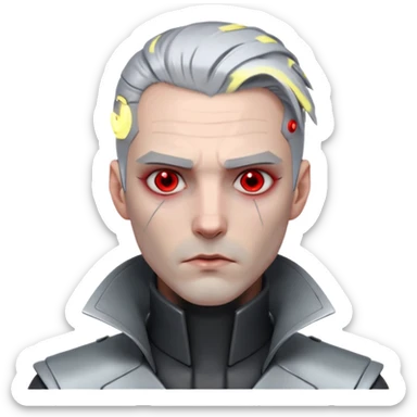 Cyberpunk man, grey slicked hair, silver metal thick  prosthetic jawline, red eyes, cold expression, clinical lighting sticker