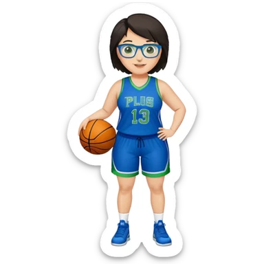 Full Body plus size white female basketball player with short dark hair with highlights spike hair wearing blue glasses  wearing blue green uniform smiling sticker