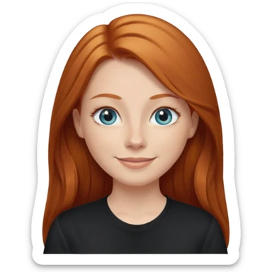 Ginger head woman with long hair and lightblue eyes, straight nose, almond eyes, black shirt,  sticker