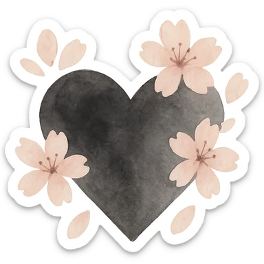 goth sakura heart, watercolor effect, black heart with pink sakura petals, dreamy and moody atmosphere sticker