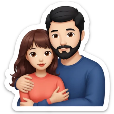 handsome mixed white asian man with black hair and beard, hugging cute tan skin girl with long wavy reddish brown hair with bangs and coral lipstick sticker