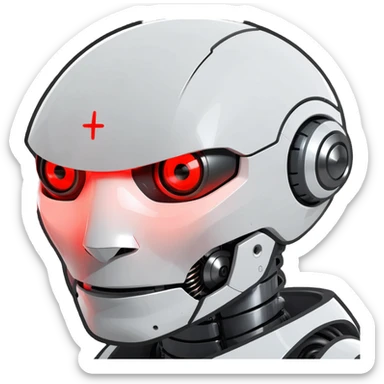 A sleek robot head with a glowing red crosshair over one eye  sticker