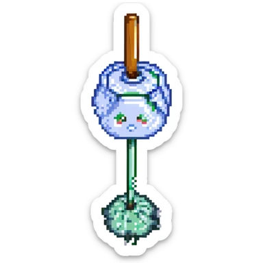 A simple mop cleaning a flat syrup spill on the floor, not inside a jar, in pixel art style, transparent background. sticker