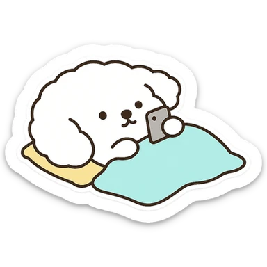 Create a WhatsApp sticker style image of a dog lying down with a cellphone. Remove the background completely so only the dog and cellphone remain. Add a white border around the dog and cellphone for a sticker effect. Keep the original colors of the dog and cellphone intact. Remove any rainbow or extra colorful glow effects from the image. sticker