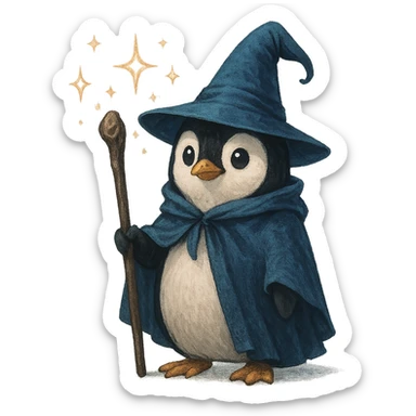 penguin wizard holding a staff wearing a pointed hat with magical sparkles sticker