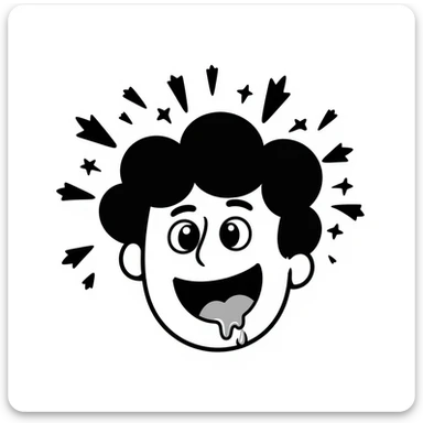 hand-drawn doodle of a face with an exploding head, drooling, and melting sticker