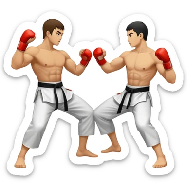 Round emblem symbolizing striking martial arts. The emblem features two fighters in dynamic stances, one delivering a powerful punch while the other defends with a block. In the center, a stylized fist and foot crossed to represent the essence of striking.  sticker