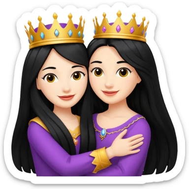 Two queens with long black hair hugging. sticker