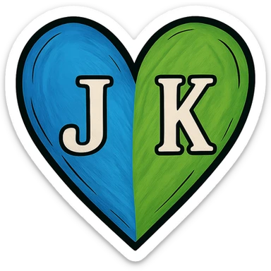 In the blue and green heart, place the letter J on the blue part and the letter K on the green part, maintaining an illustrative style with a transparent background. sticker