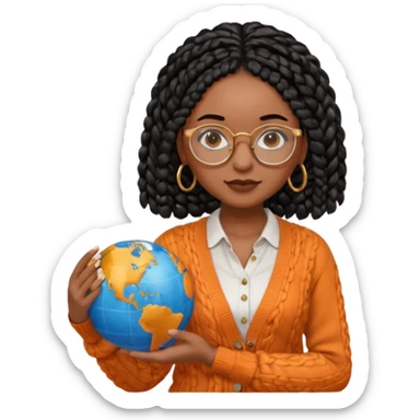 a young woman wearing fine gold round glasses and black hair in several box braids, she has light black skin, and she's wearing a white shirt with an orange-terracotta cardigan on top. She's holding a globe in one hand sticker
