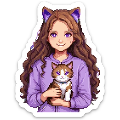 girl with long wavy brown hair and brown eyes wearing purple clothes smiling with a three-color cat beside her pixel art sticker
