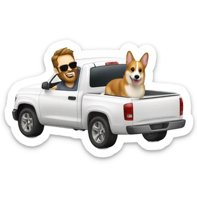 Two sunglass guys one with a beard in a white truck with a corgi sticker