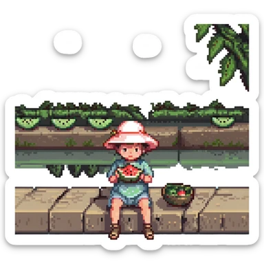 small child in a sun hat enjoying watermelon on a hot day by the riverside with sparkling water and breezy atmosphere pixel art colorful and lively sticker