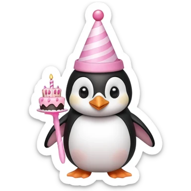cute penguin with birthday hat hold a birthday pink cake in arms sticker