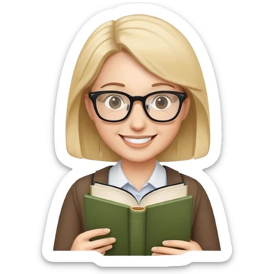 English teacher holding a book, smiling, wearing glasses sticker