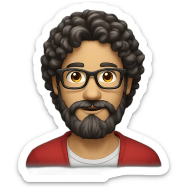 man with beard and very very long curly dark hair, wearing red square glasses sticker