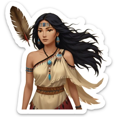 Cinematic Realistic Pocahontas Portrait, depicted with lifelike skin texture, soft natural lighting, and intricately detailed long, flowing raven-black hair that moves gracefully in the wind. Her deep, soulful dark brown eyes exude wisdom and strength, complemented by a serene yet powerful expression. She is shown gently holding a feather in one hand, her other hand resting lightly at her side, embodying the harmonious balance between nature and herself. She is dressed in her classic one-shoulder native American dress, with rich fabric textures and delicate beaded details that catch the light beautifully. The portrait features a soft, sun-kissed glow with a natural, radiant finish, capturing the essence of untamed beauty and deep connection to nature in a realistic and painterly style, evoking a sense of depth and authenticity. sticker
