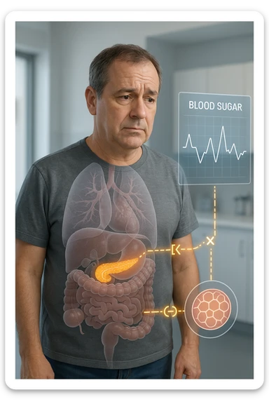 a middle-aged man stands in a clinical setting, with a semi-transparent overlay showing his internal organs. His pancreas is highlighted, and glowing lines or icons indicate disrupted insulin signaling between the pancreas and muscle or fat cells. The man’s expression is slightly concerned, and a digital chart beside him displays fluctuating blood sugar levels. The lighting is realistic, with a clean, modern medical background. in italiano sticker
