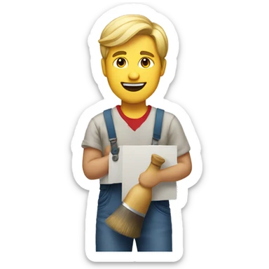 a guy with blond hair and dressed like a painter holding a painting sticker