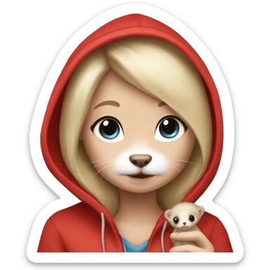Ferret in hands of a blond girl with blue eyes and kind eyelashes in red hoodie  sticker