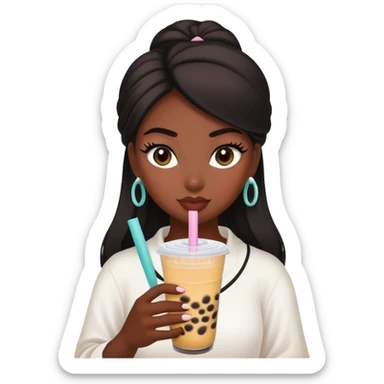 Woman with dark skin and long lashes holding a boba tea sticker