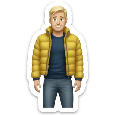 Blonde white man man wearing a puffer jacket and puffer pants sticker
