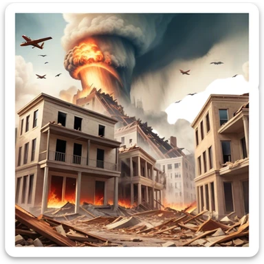 A vintage movie poster-style design with a dramatic scene of a natural disaster like an earthquake, tornado. Include crumbling buildings, flying debris and fiery explosions. The background should be chaotic, with a cinematic, apocalyptic vibe. Transparent background. sticker