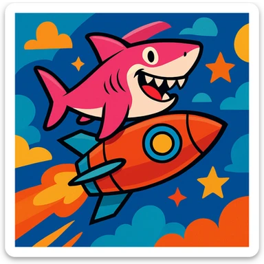 a pink shark flying on top of a rocket, vibrant and playful, cartoon style, dynamic and fun, whimsical and colorful sticker